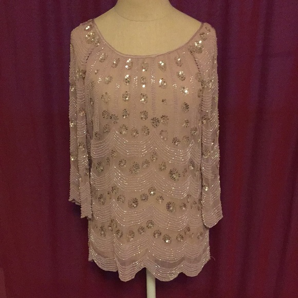Antik Batik Tops - Antik Batik scalloped hem silk tunic beaded sequin